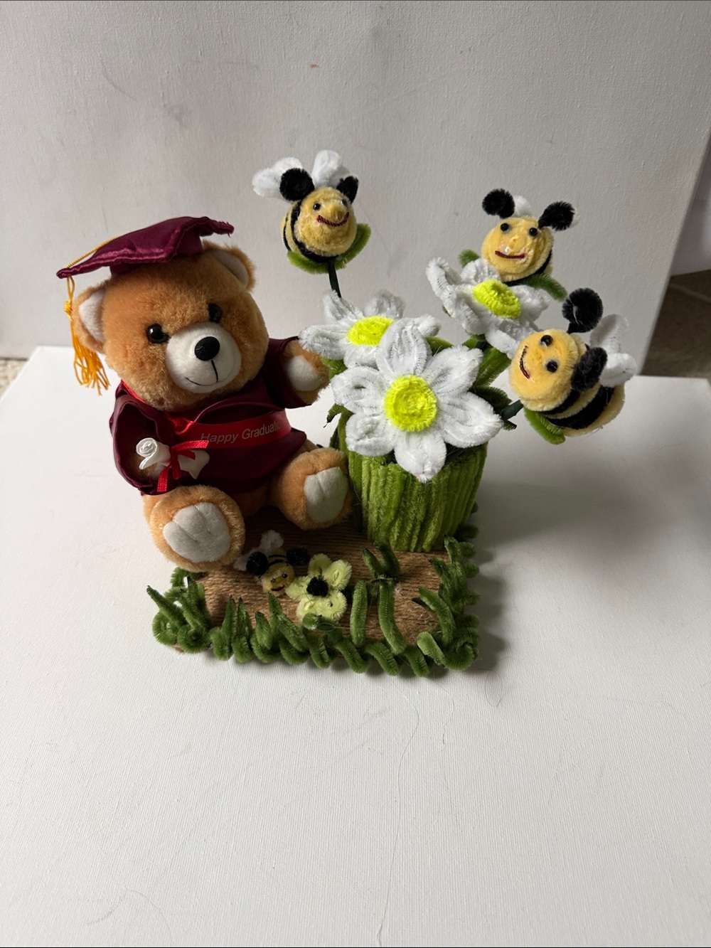 Graduation Bear with White Daisy and Bee Plush Arrangement - Yellow/White